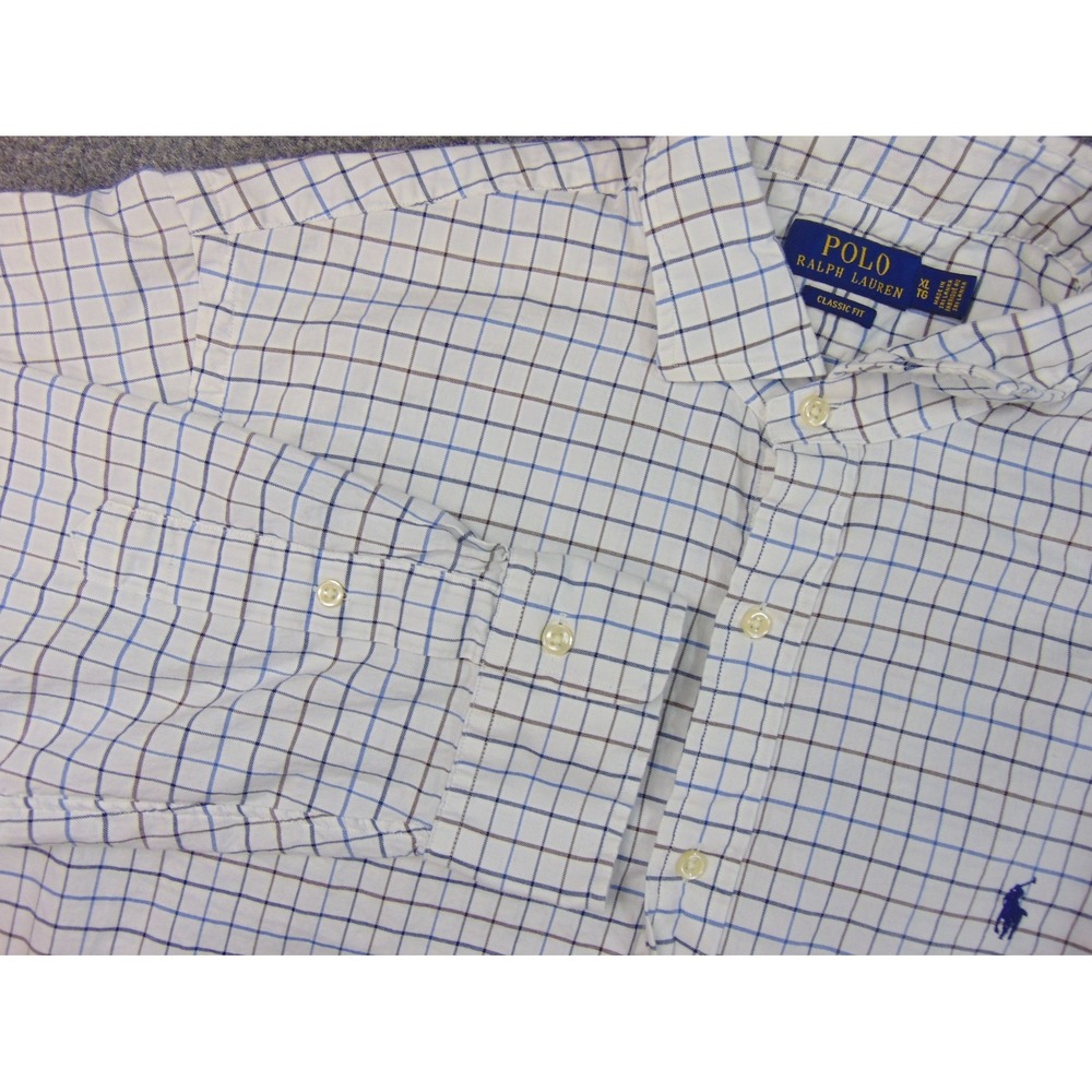 Polo Ralph Lauren Shirt Mens XL Classic‎ Fit White Blue Plaid Long Sleeve Button